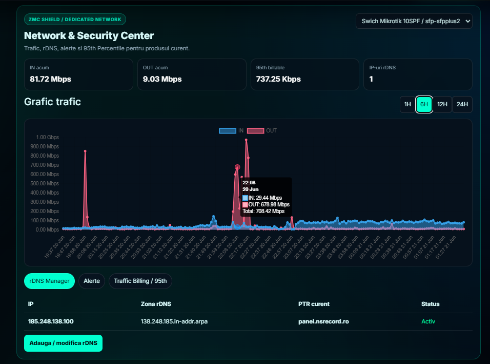 Monitorizare trafic port dedicat colocare server Royal Server - IN si OUT