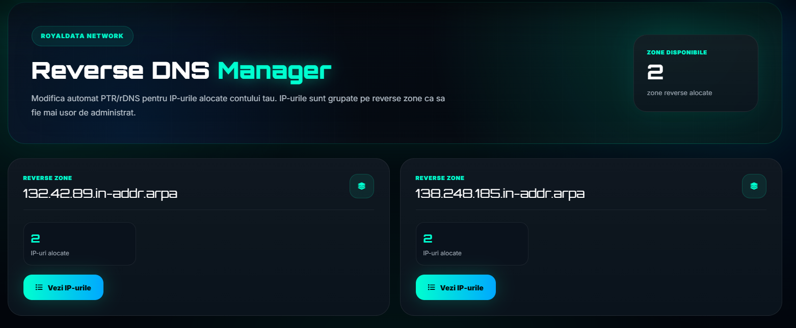 Zone rDNS disponibile in panoul RoyalData for administrare PTR